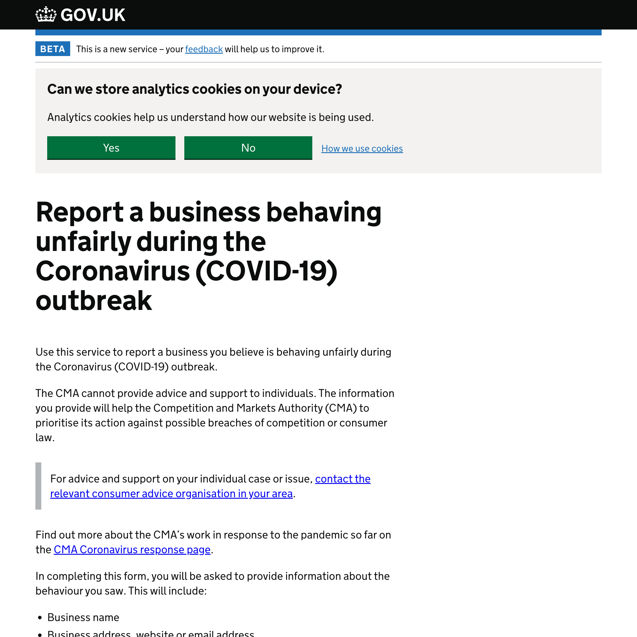 Report a business behaving unfairly during the Coronavirus (COVID-19) outbreak
