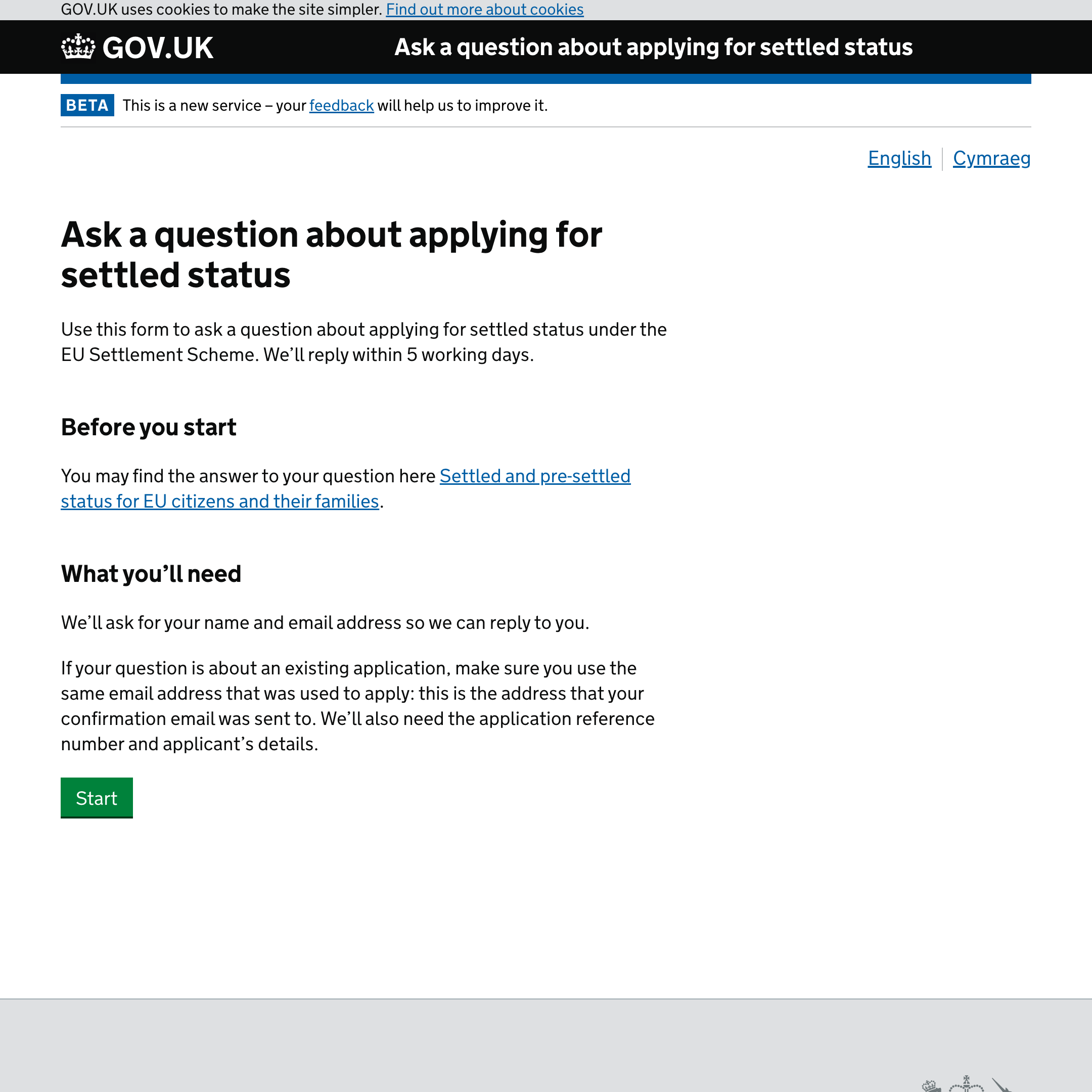 Ask a question about applying for settled status