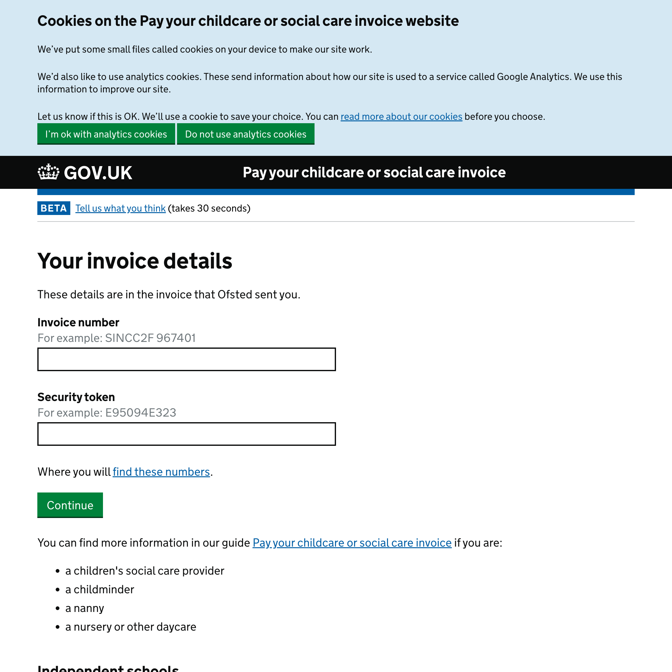 Pay your childcare or social care invoice