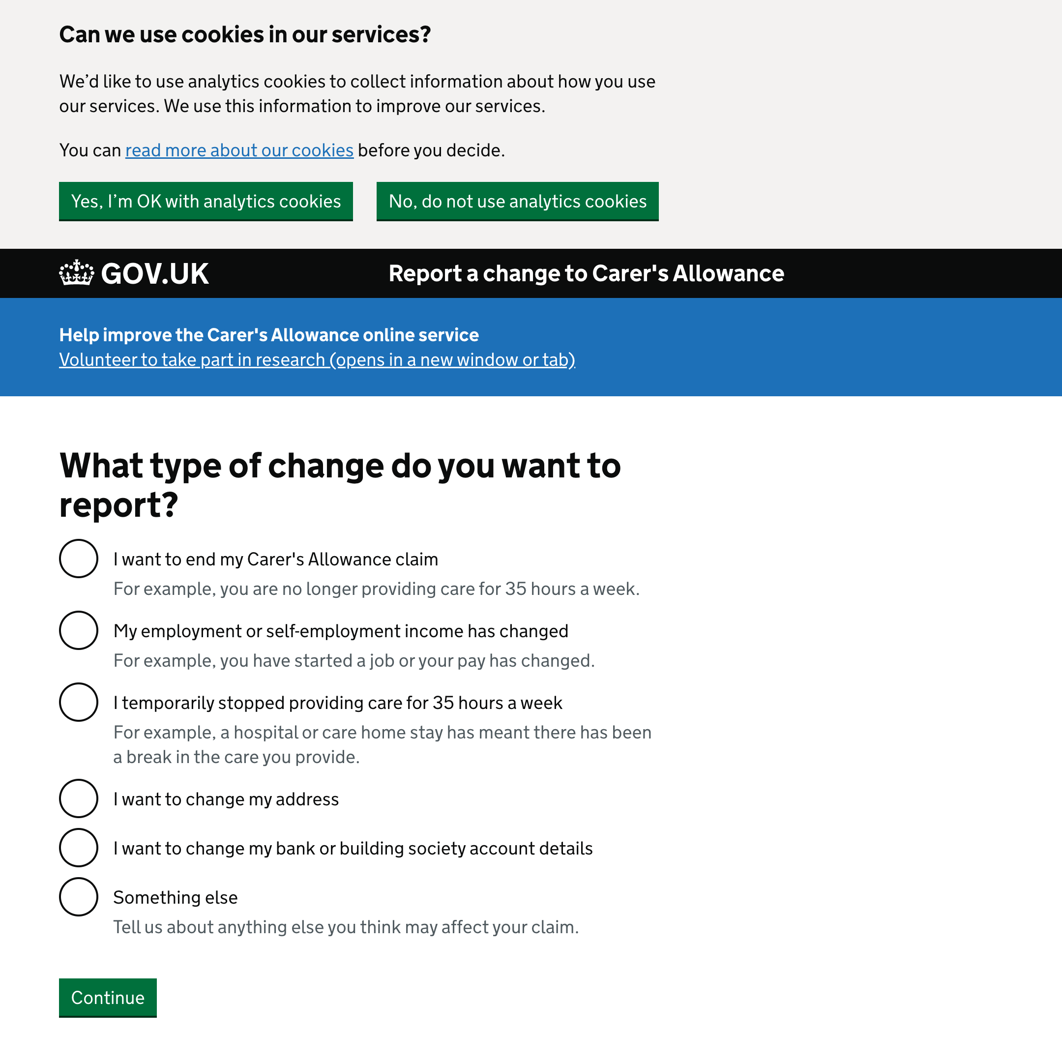 Report a change to Carer's Allowance