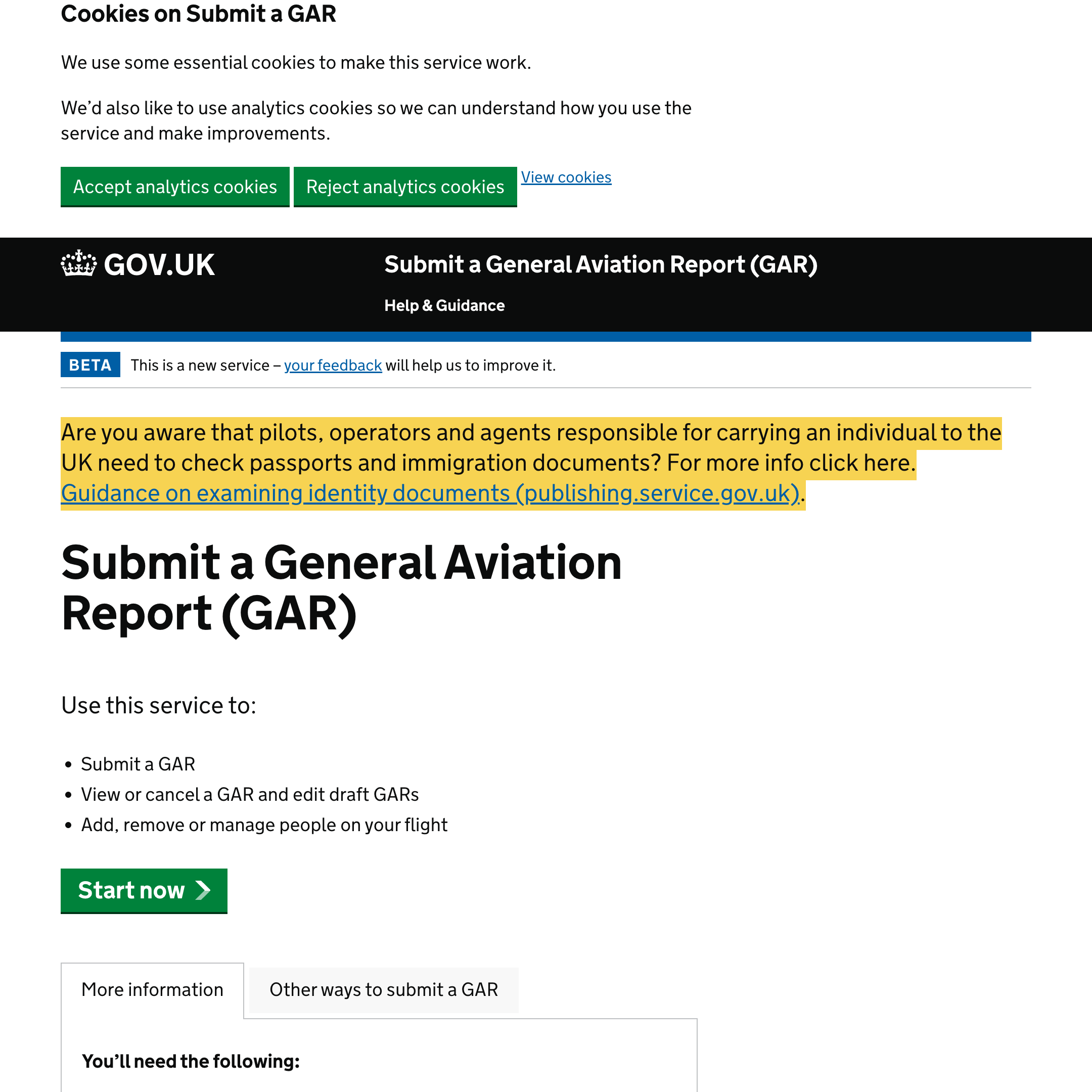 Submit a General Aviation Report (GAR)