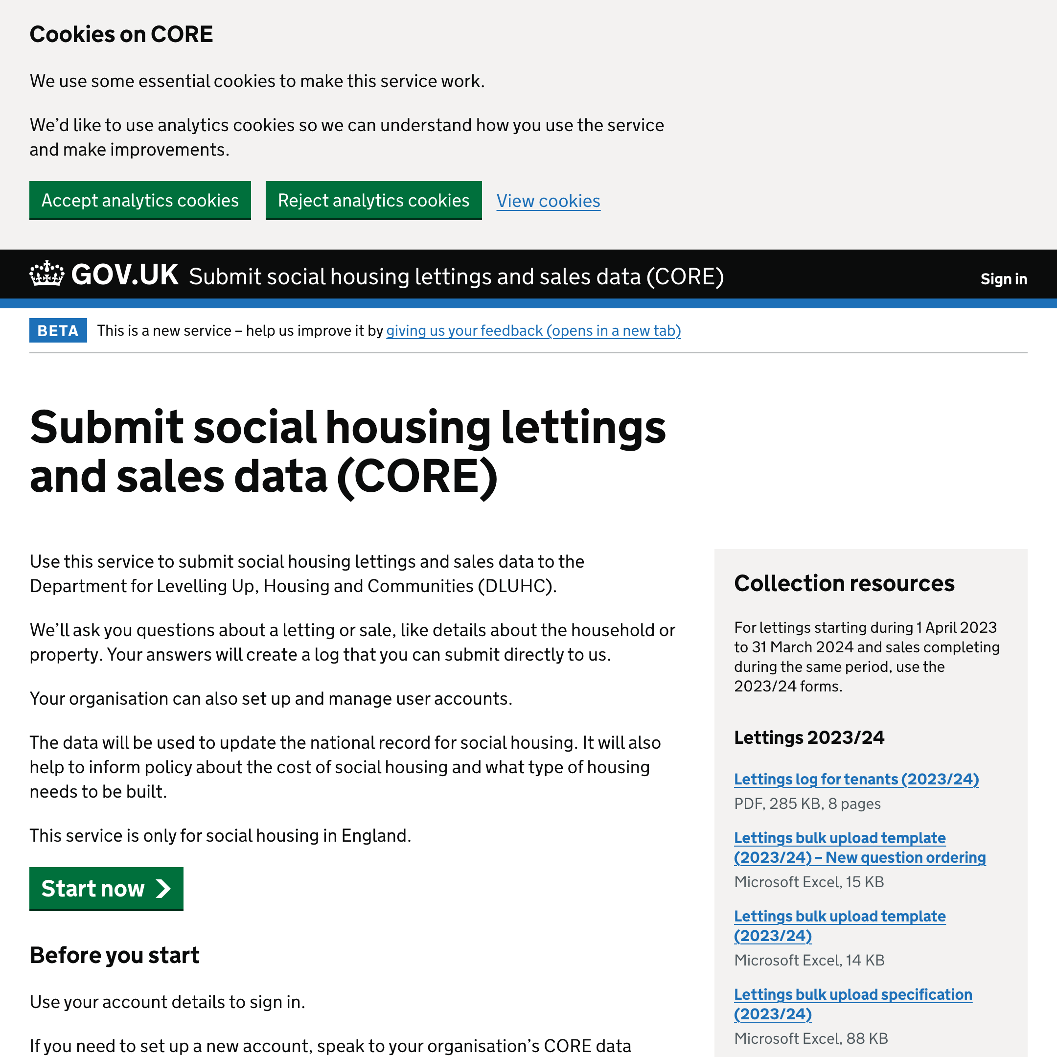 Submit social housing lettings and sales data (CORE)